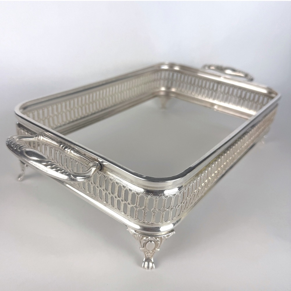 Vintage MCM Italy Silverplate Casserole Holder Server Pierced Footed Handles